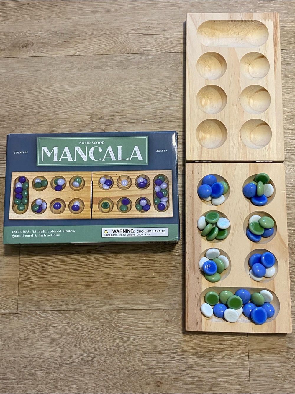 Mancala Solid Wood Game Set, with Blue, Green, White Stones